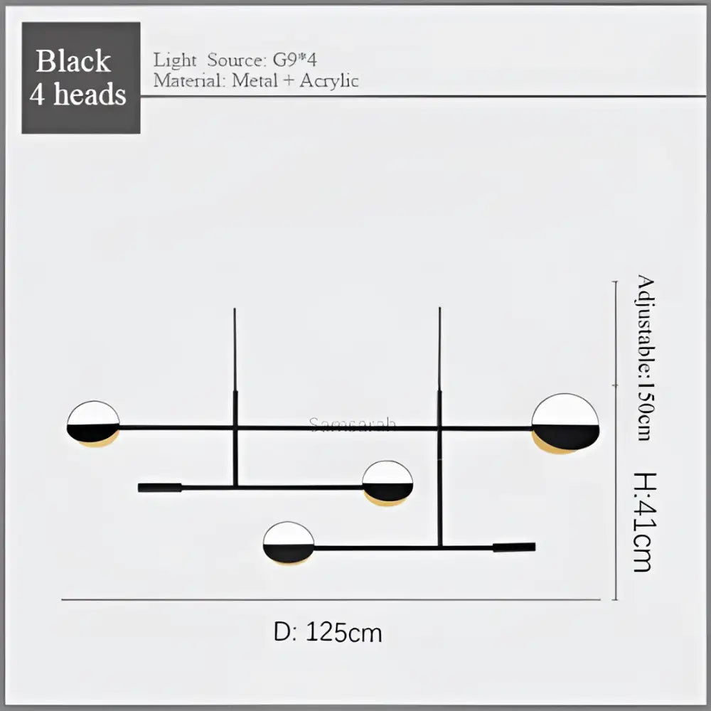 Modern black four-head pendant lamp with sleek metal and acrylic spheres featuring geometric line design for dining room decorbites geometric line