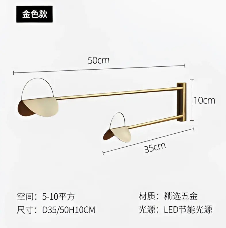 Gold-colored wall-mounted led light fixture with two angled arms and minimalist shades for modern pendant lamp decorbites geometric iron