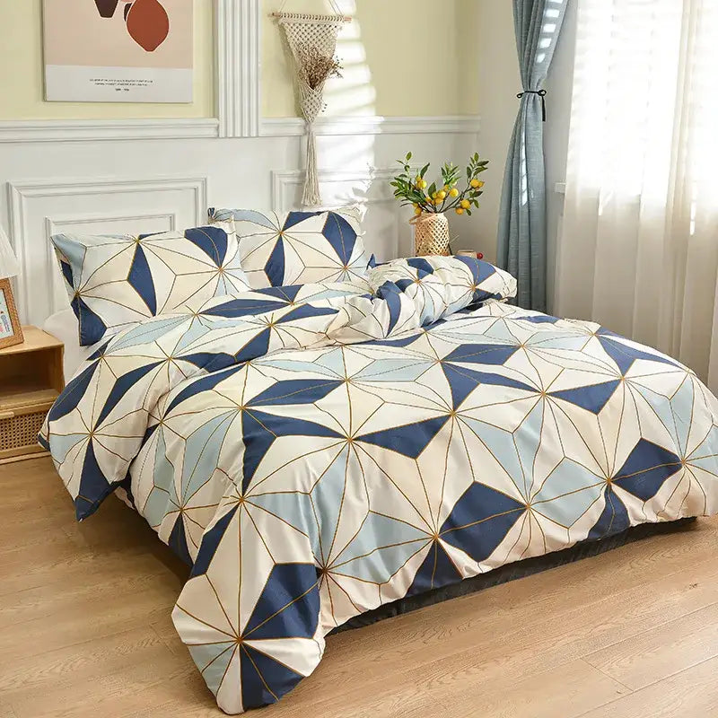 Modern black and white geometric stripes bedding set featuring blue white geometric patterns with gold accents for bedroom decorbites geometric stripes