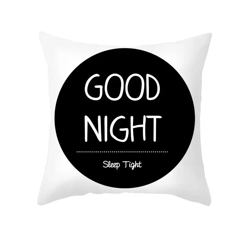 White square pillow with black geometry letters and good night sleep tight design for home decor living room