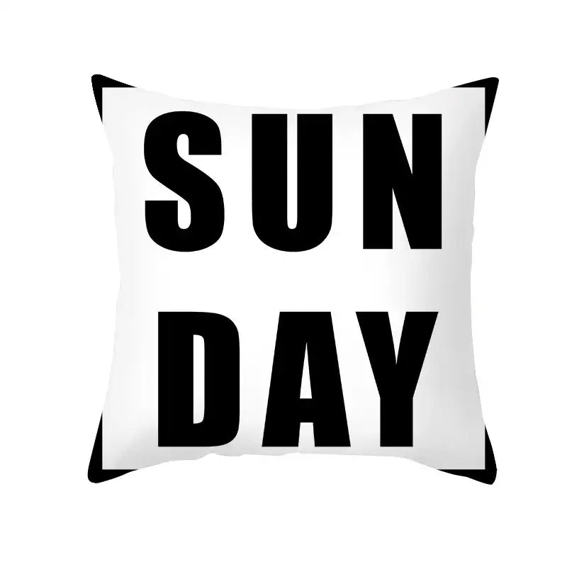 White square pillow with bold black geometry letters sun day text for modern home decor by decorbites black geometry