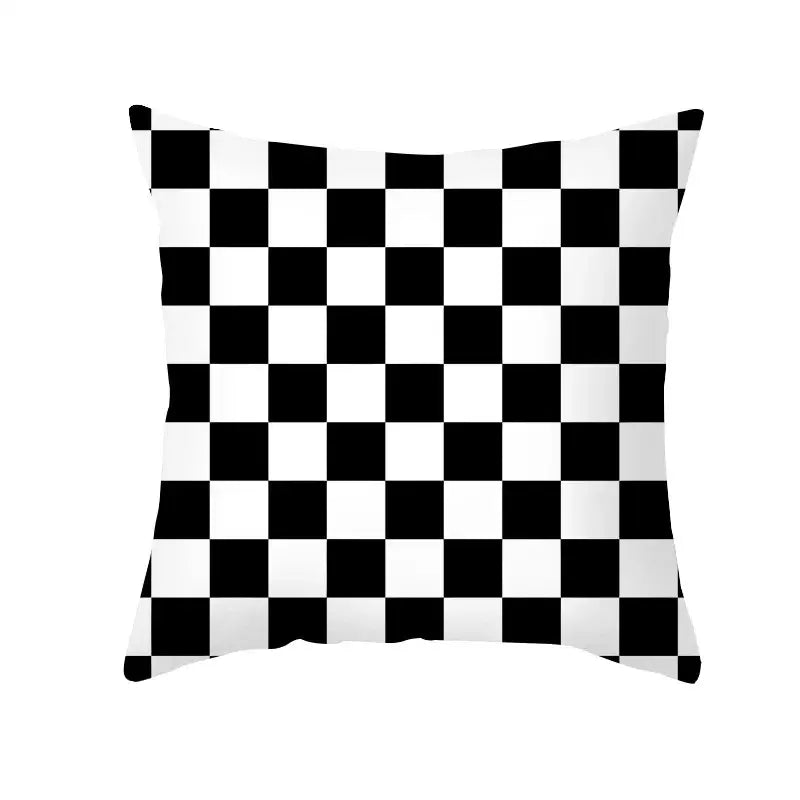 Square black and white checkered cushion cover featuring decorbites black geometry letters for modern home decor