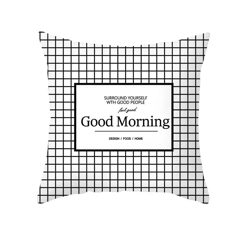 Modern black and white geometry letters cushion cover with good morning text for stylish home decor and decorbites black geometry trends
