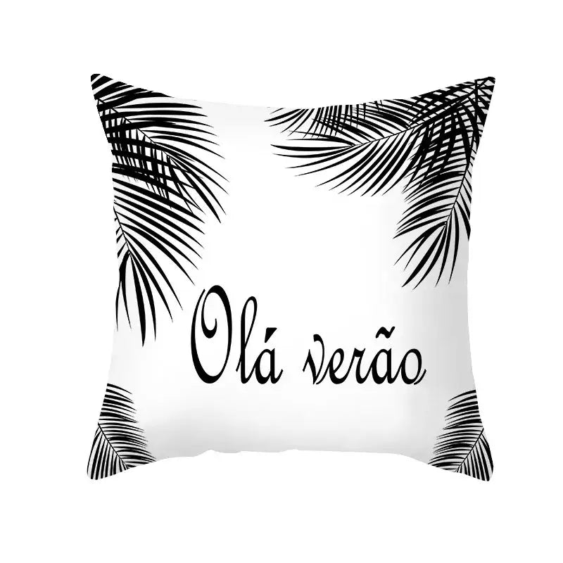 Modern black and white geometry letters cushion cover with white throw pillow black palm leaf decorbites black geometry