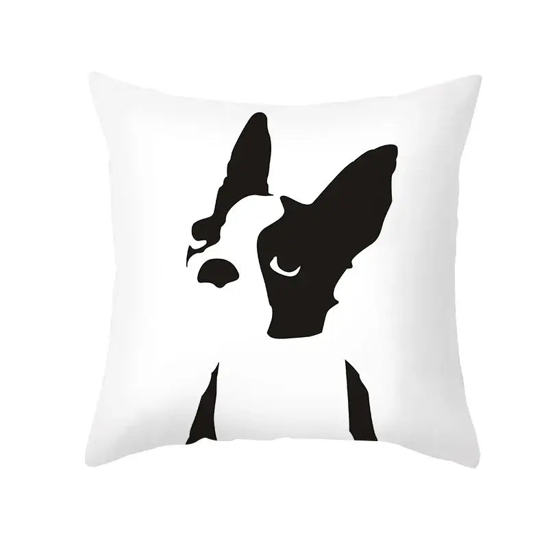 White throw pillow with bold black geometry letters and boston terrier silhouette for modern home decor by decorbites black geometry