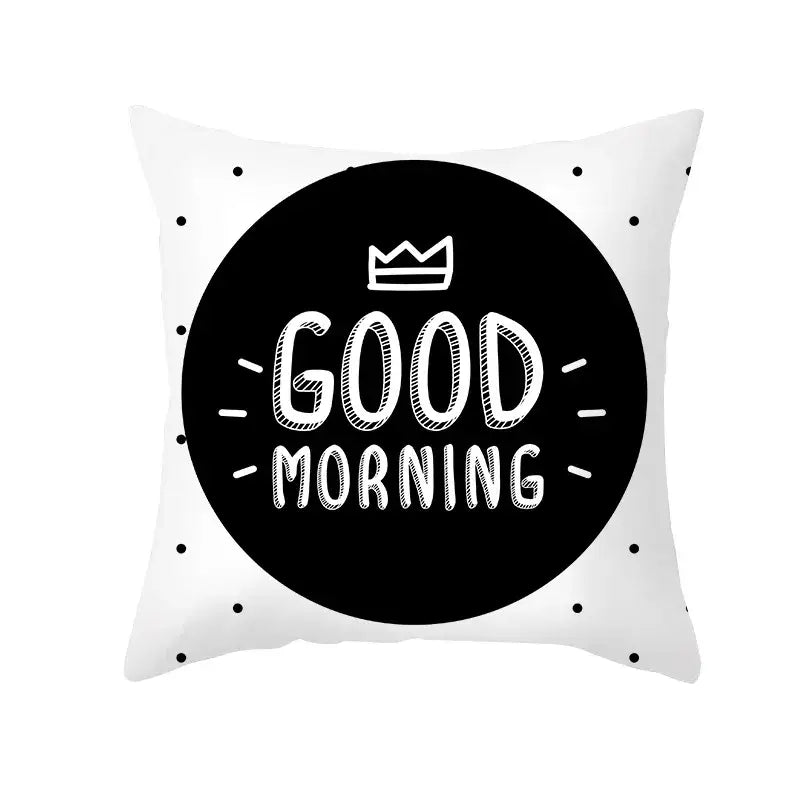 White throw pillow with black geometry letters and good morning design for modern home decor by decorbites black geometry