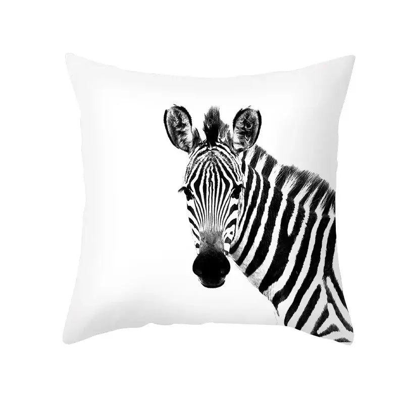 White throw pillow with black-and-white zebra head print for modern black geometry letters home decor and decorbites black geometry