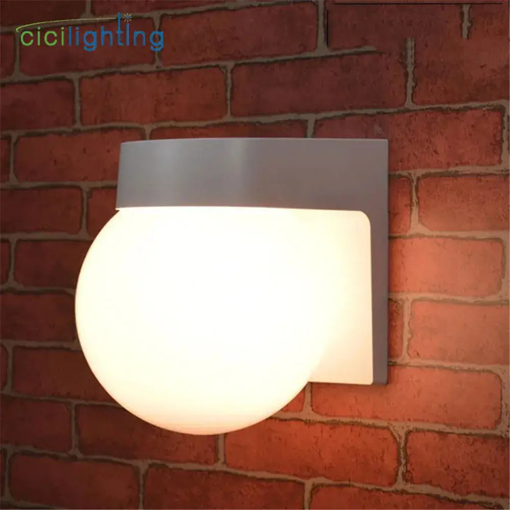 Modern gray wall lamp with frosted spherical glass globe for outdoor porch light and outdoor porch lighting