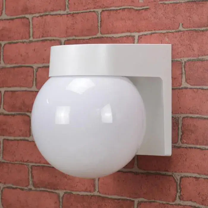 Modern black and white globe wall lamp featuring a white matte spherical design as an outdoor porch light wall lamp