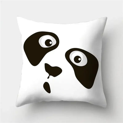 White throw pillow with stylized black panda face featuring large eyes decorbites geometric stripes pillowcase decorbites geometric