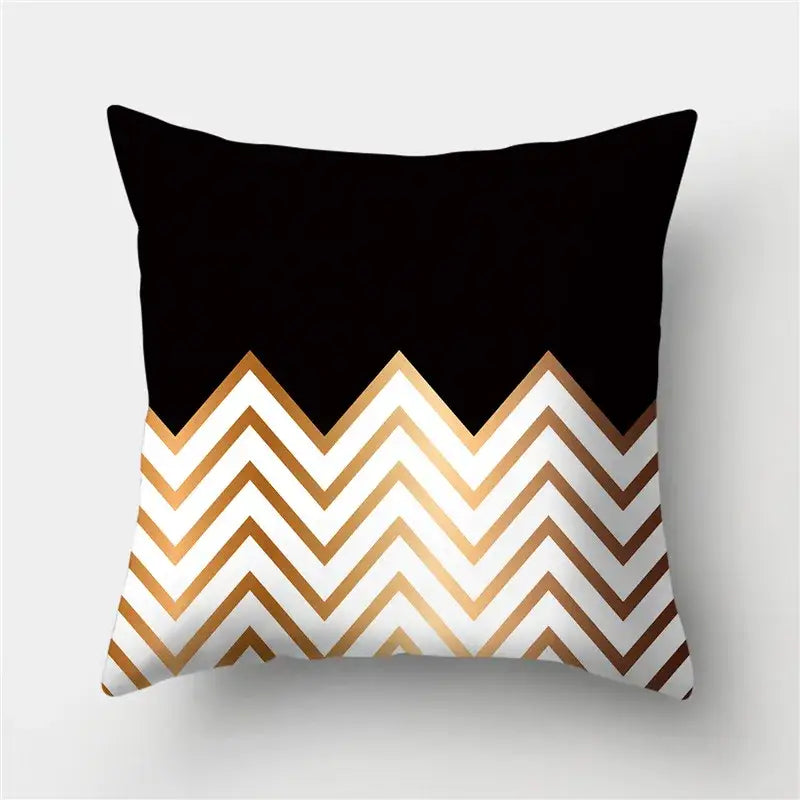 Modern black white and gold geometric stripes pillowcase featuring a decorbites geometric chevron pattern for living room decorbites geometric stripes