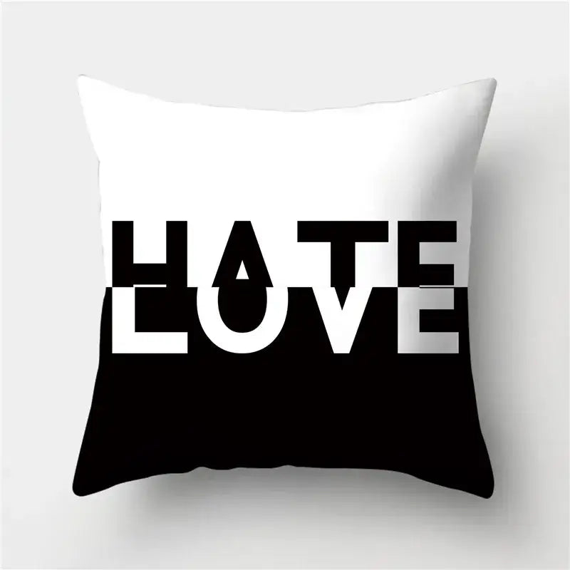 Modern black white gold geometric stripes pillowcase featuring bold black white typography with hate above love decorbites geometric stripes pillowcase