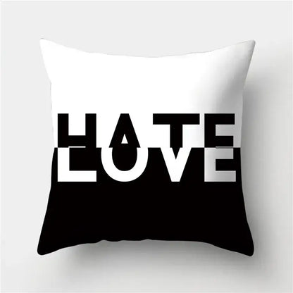 Modern black white gold geometric stripes pillowcase featuring bold black white typography with hate above love decorbites geometric stripes pillowcase