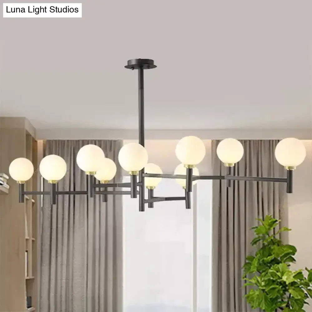DecorBites modern 10-head orbit chandelier pendant with frosted white glass globes in black white gold for living room lighting