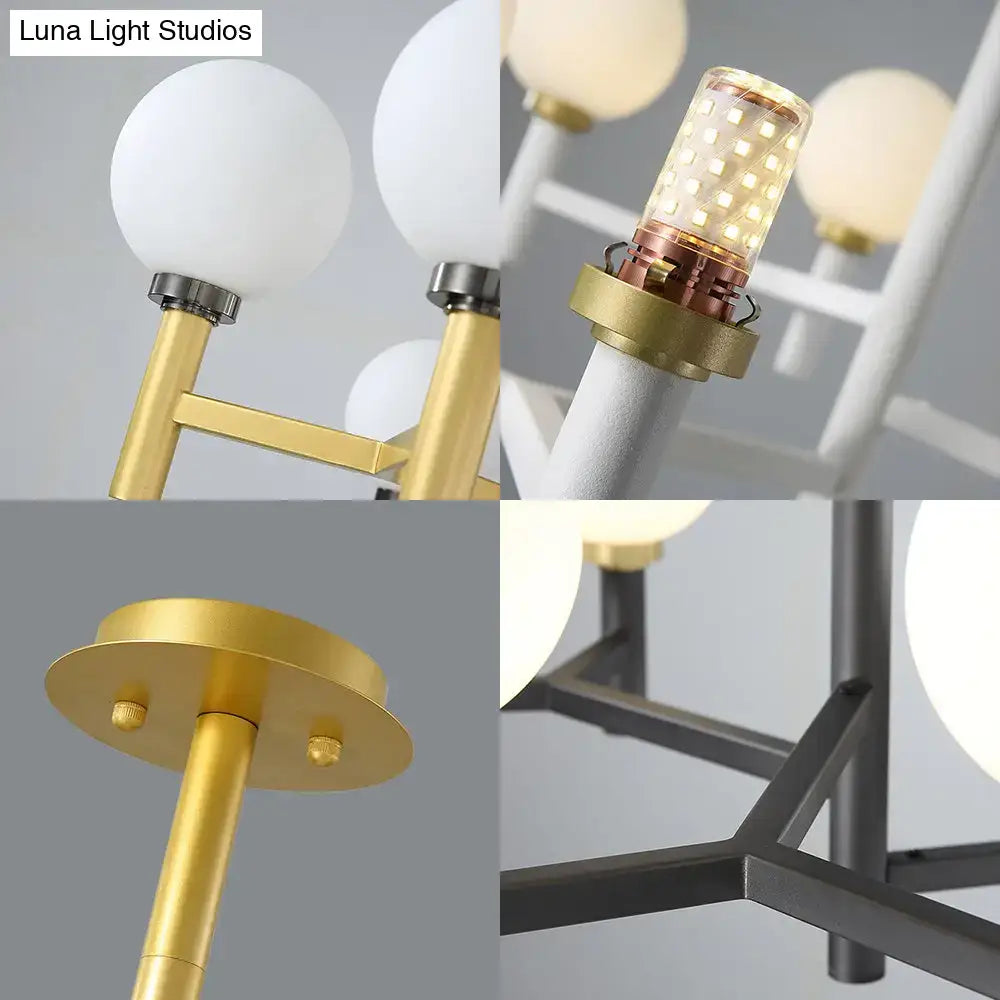 DecorBites modern 10-head orbit chandelier pendant with white glass shades black white gold metal frame for living room