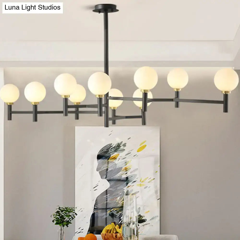 Modern black white gold orbit chandelier pendant with 10 frosted white glass globe lights for living room island lighting