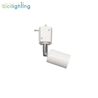 White cylindrical track lighting fixture with metallic adjustment mechanism for decorbites industrial ceiling light