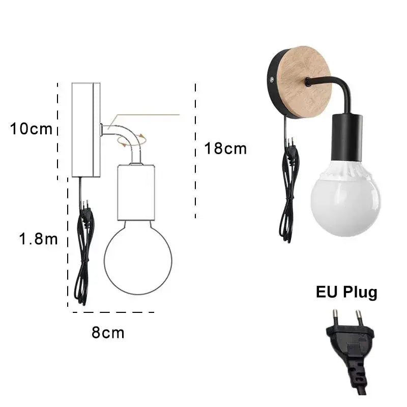 Modern black wall light with a round wooden backplate and exposed bulb decorbites iron art wall for bedroom decor