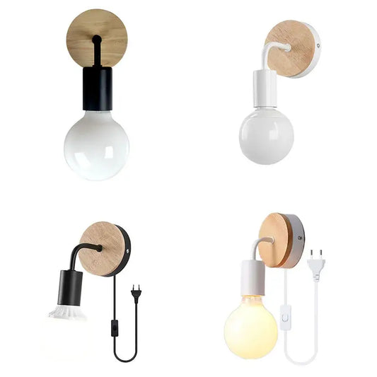 Modern black and white iron art wall light bedroom sconce with round wooden backplates and exposed bulb wall light decorbites iron art