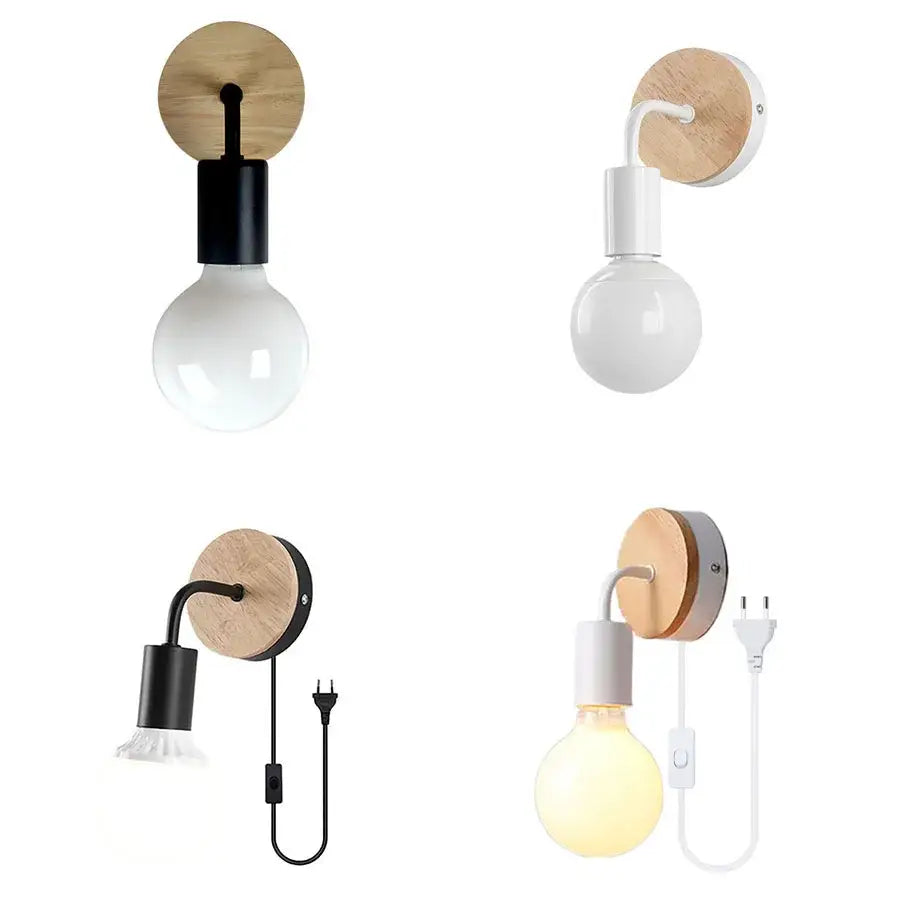 Modern black and white iron art wall light bedroom sconce with round wooden backplates and exposed bulb wall light decorbites iron art