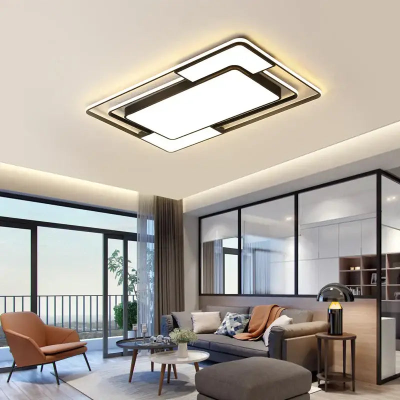 Modern black and white iron body rectangular chandelier with sleek frame and glowing panels for living room decorbites iron body