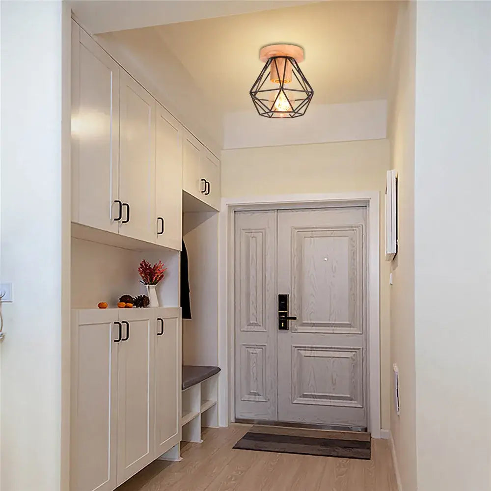 Modern black and white iron wood e27 ceiling light with geometric black metal frame and warm frosted glass shade decorbites iron wood