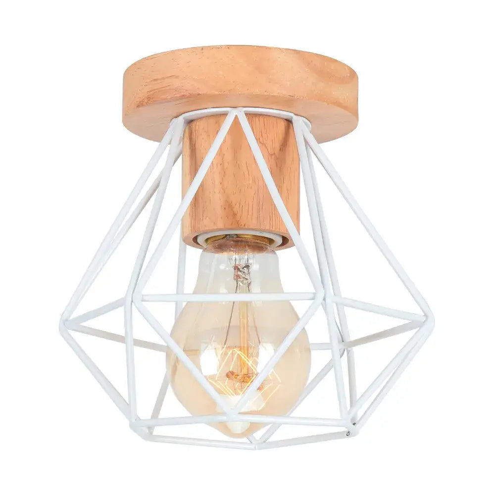 A modern black and white iron wood e27 ceiling light with a white geometric wire cage and wooden base for decorbites iron wood