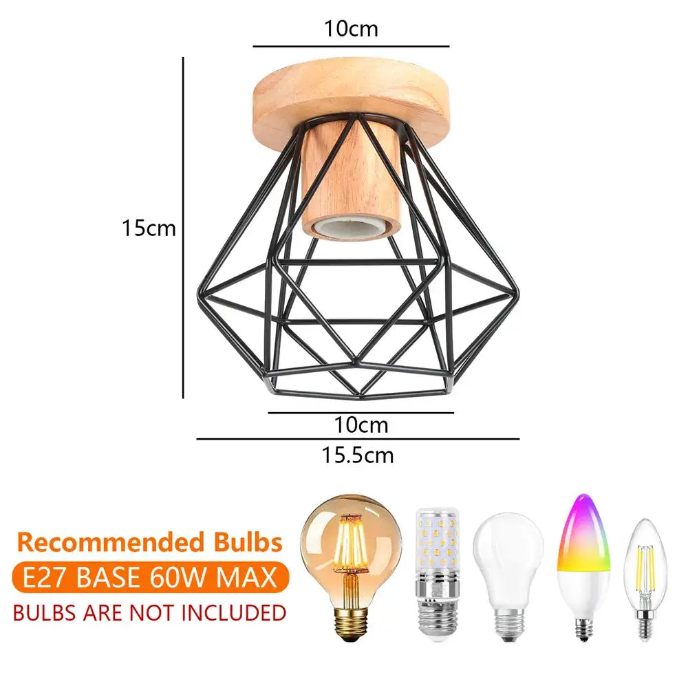 Modern black and white iron wood e27 ceiling light with black metal geometric cage and natural wood top for decorbites iron wood