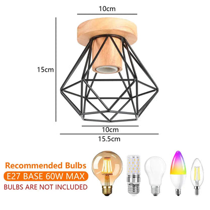 Modern black and white iron wood e27 ceiling light with black metal geometric cage and natural wood top for decorbites iron wood
