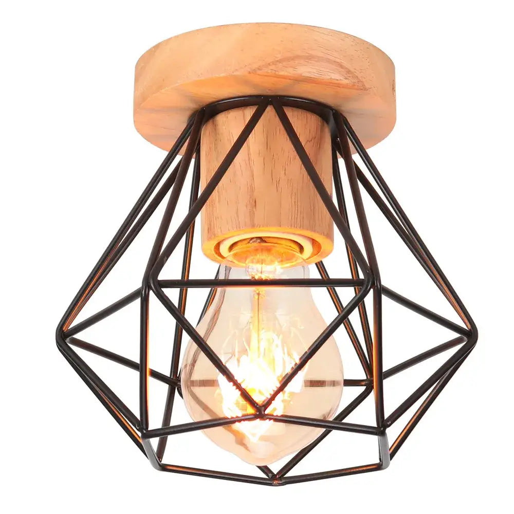 Modern black and white iron wood e27 ceiling light with rustic wooden base and black metal geometric cage by decorbites iron wood