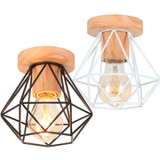 Two geometric cage-style ceiling lights with black and white iron wood e27 frames and warm wooden bases by decorbites