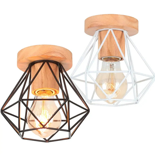Two geometric cage-style ceiling lights with black and white iron wood e27 frames and warm wooden bases by decorbites