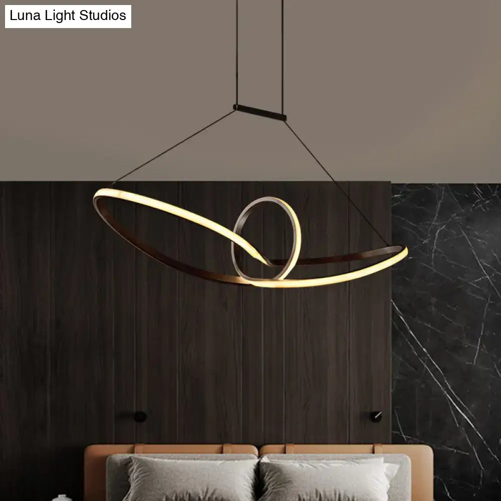 Modern minimalist metal knotting island pendant with two interlocking rings in black and white for warm and white light