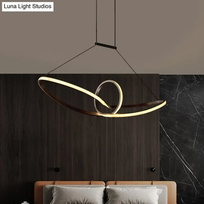 Modern minimalist metal knotting island pendant with two interlocking rings in black and white for warm and white light