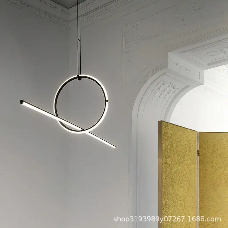 Minimalist black led ceiling chandelier with glowing white led strip intersecting center for modern decorbites black led lighting