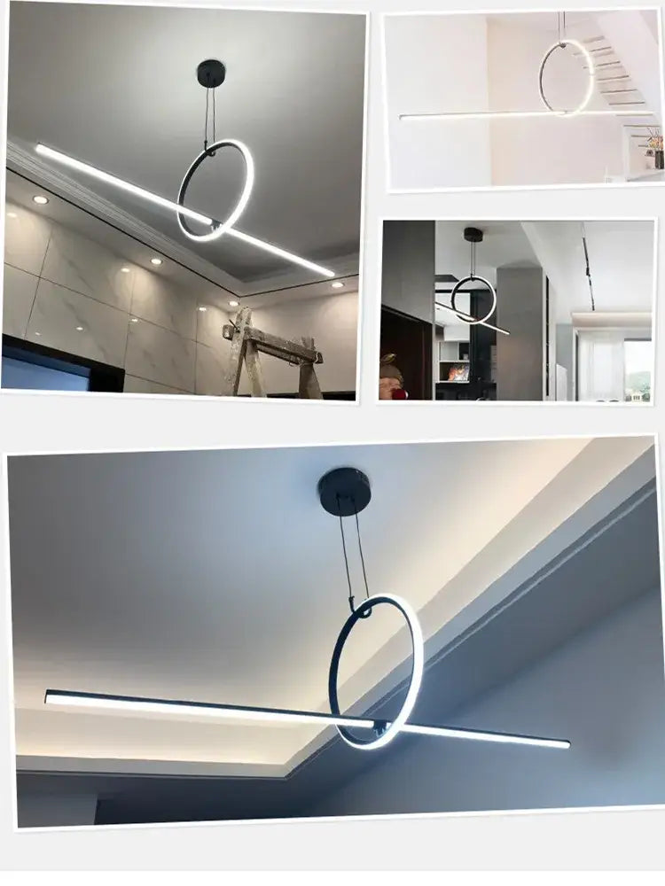 Modern black and white led ceiling chandelier with a sleek circular frame and linear illuminated bar for living room decorbites black led