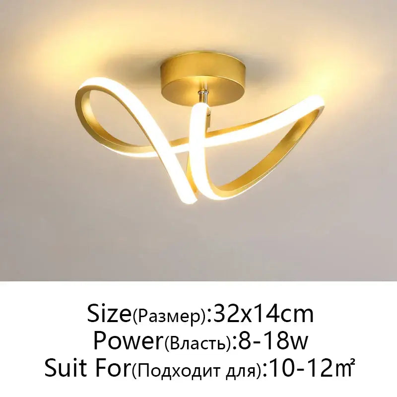 Gold-colored decorbites led ceiling lamp with modern intertwined curved arms emitting warm white light for living room decor