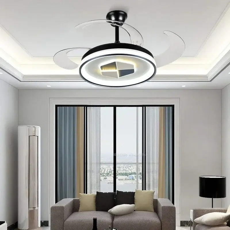 Modern black and white led chandelier ceiling fan with circular design for stylish living room lighting and air circulation