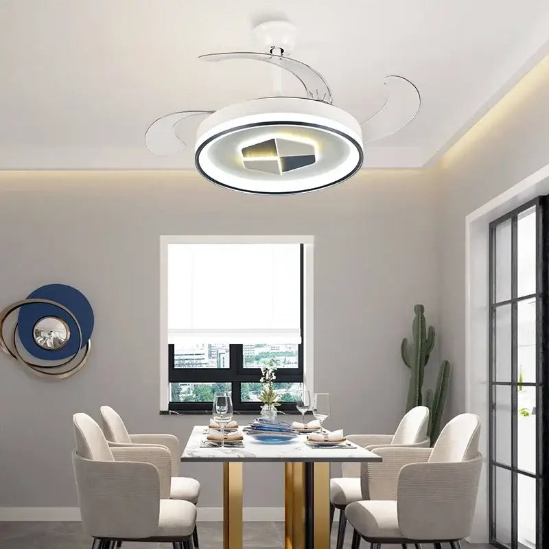 Modern white ceiling fan with integrated led lighting and curved blades in a black and white led chandelier ceiling fan
