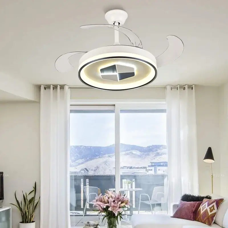 Modern black and white led chandelier ceiling fan with sleek curved blades and integrated led lighting for living room use