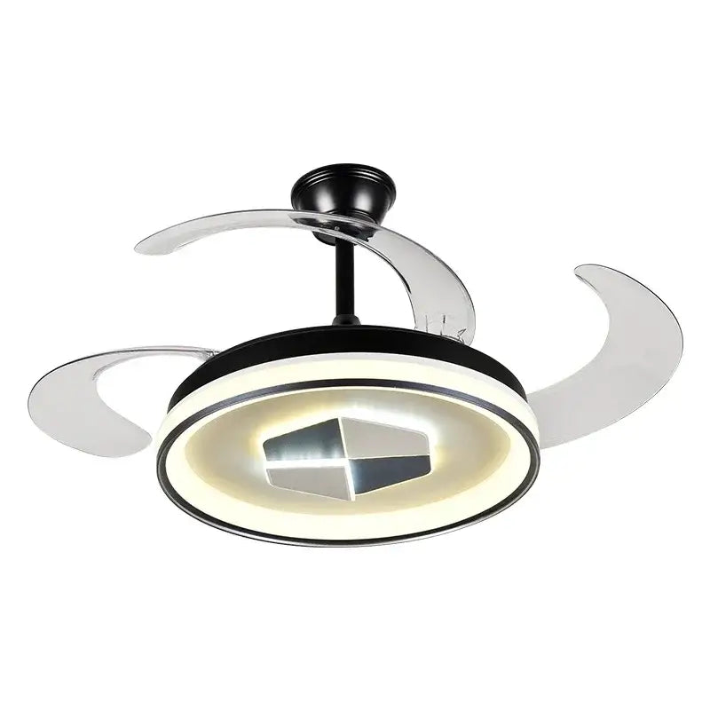Modern black and chrome ceiling fan with curved translucent blades and led chandelier ceiling light ring for living room