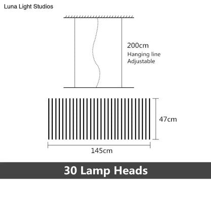 Adjustable 200cm hanging decorbites™ modern led chandelier lighting with 30 black and white lamp heads in a linear design