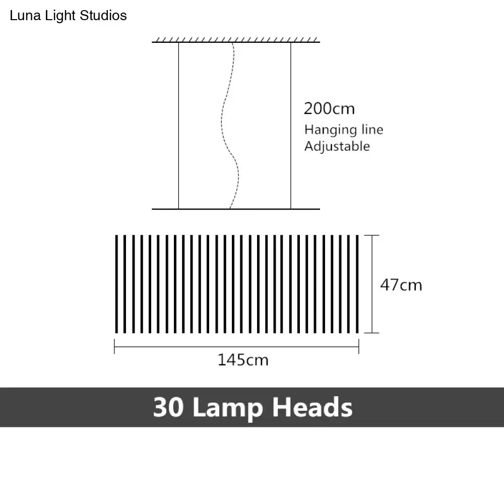 DecorBites modern led chandelier with 30 black and white lamp heads in a minimalist vertical pendant light design