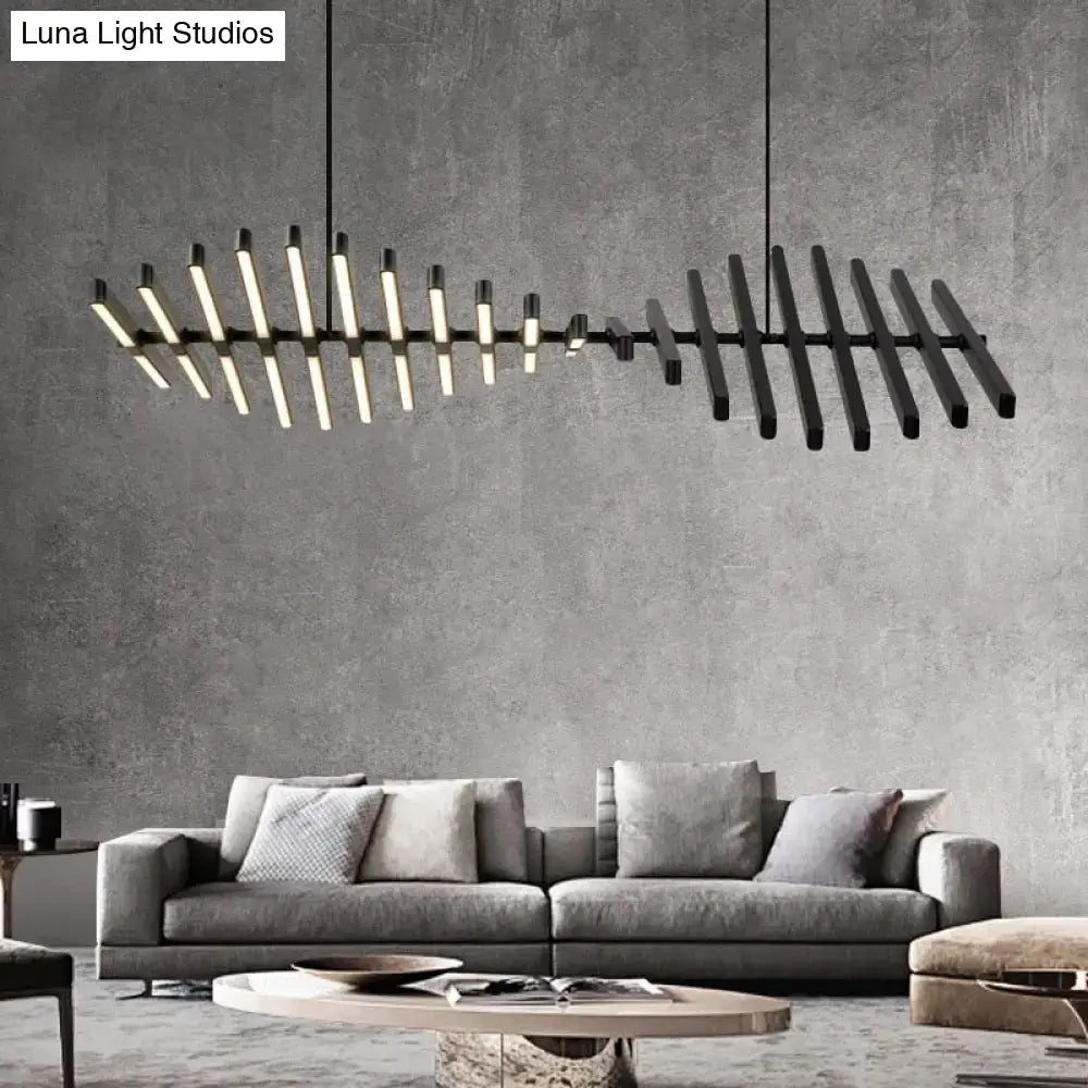 Modern led chandelier lighting featuring black linear pendant light with illuminated led tubes and geometric design