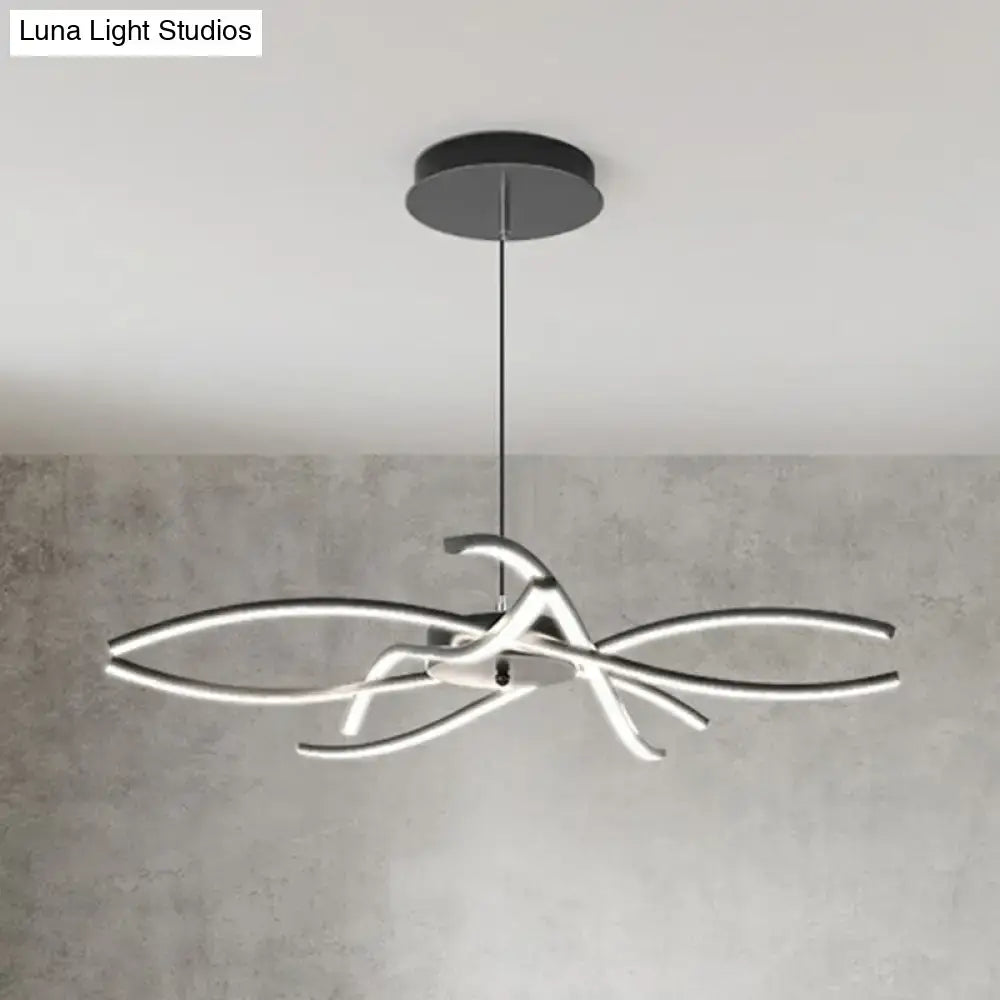 Modern black and white led floral chandelier with silver-toned curved arms and black ceiling mount for living room light type
