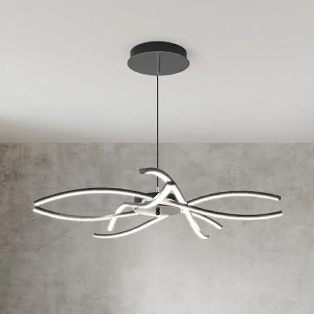 Modern silver-toned led floral chandelier with sleek curved arms and matte black mount for living room light type bulb included