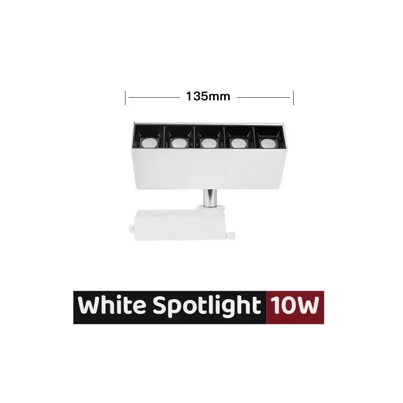 White 10w spotlight with four circular fixtures in a rectangular housing for modern black and white led linear grille track