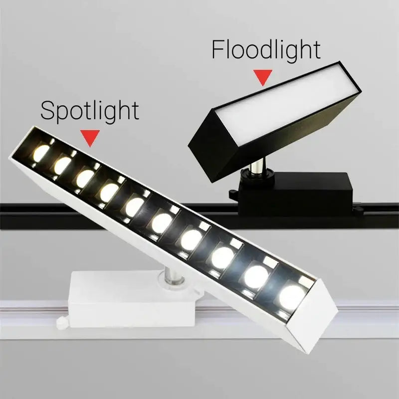 White led linear grille track lighting system with adjustable spotlight and floodlight fixtures for living room use
