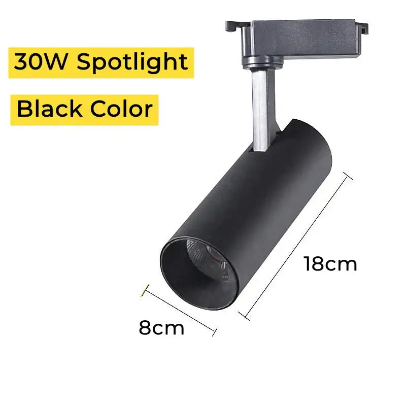 Black 30w track spotlight with cylindrical body and adjustable bracket for modern led linear grille living room lighting