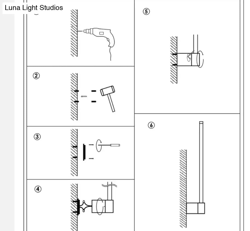 Black and white line drawing of wall-mounted drill bit with cord in indoor lighting installation for led metal wall sconce